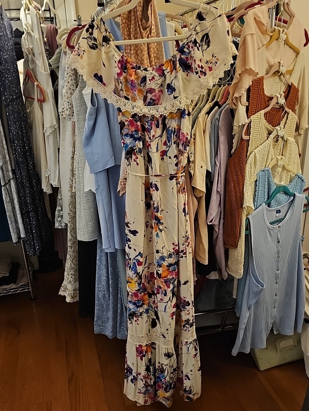 Cream Floral Off-Shoulder Maxi Dress with Lace Trim